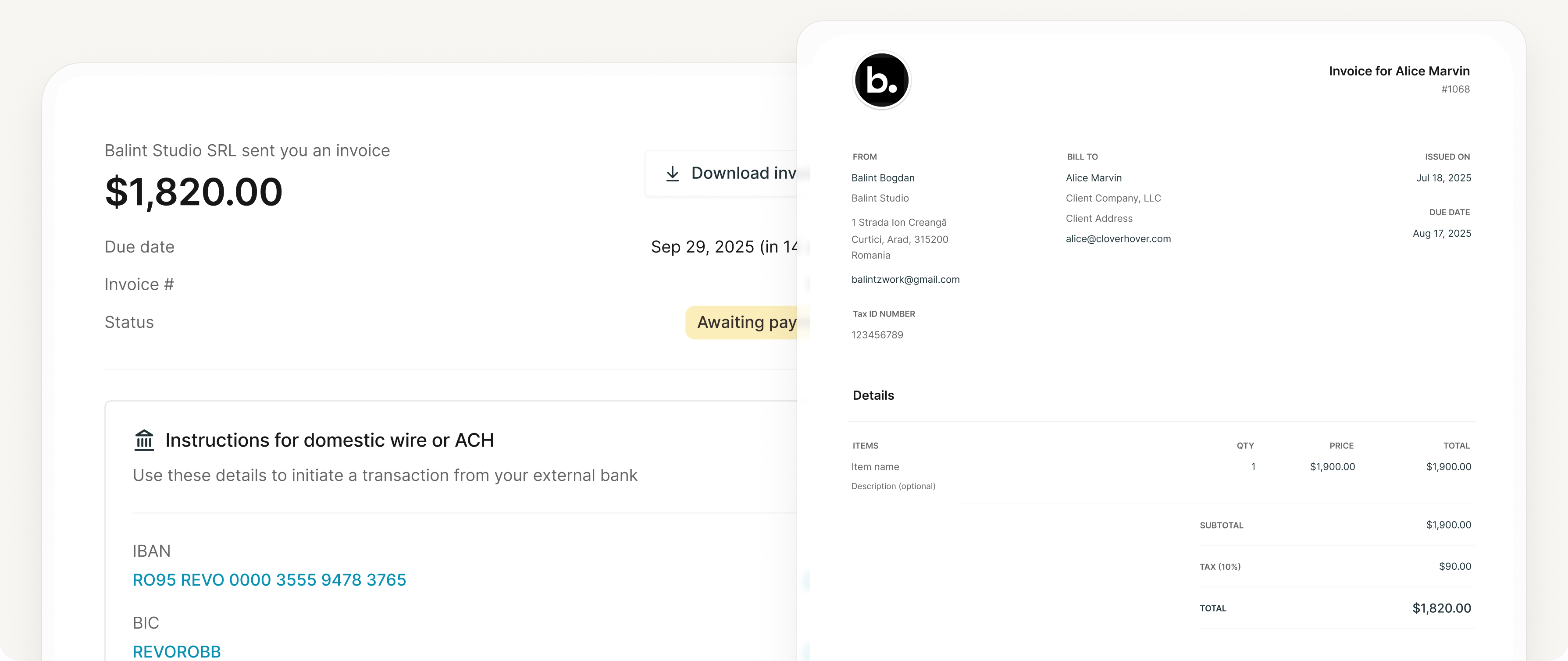Client invoice page beside the invoice document