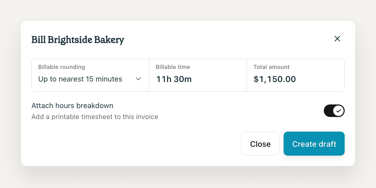 The Bill dialog in Brisk: billable rounding, billable time, total amount, and an option to attach the hours breakdown