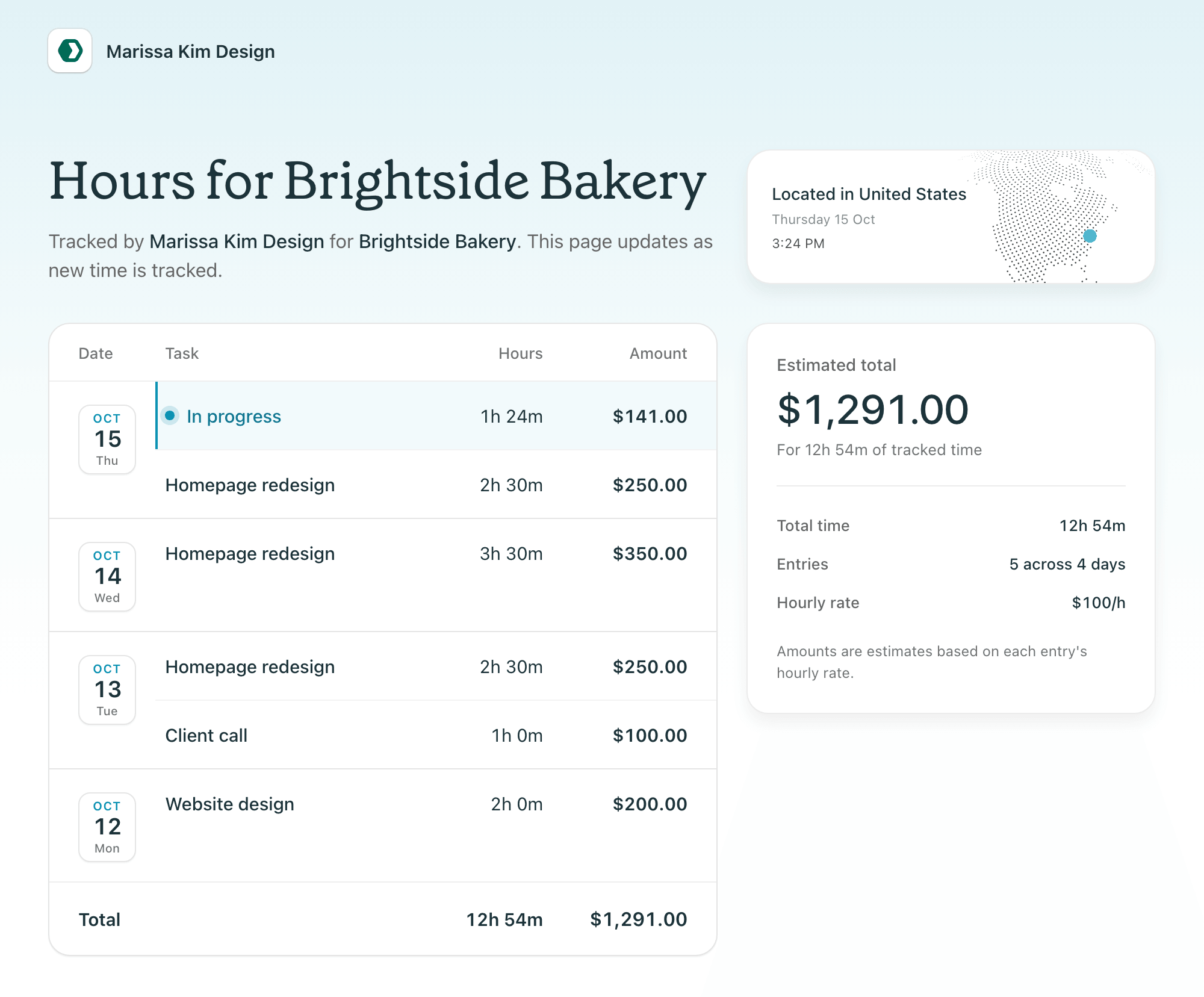 A client's live hours page in Brisk, with each day's entries, the running timer, and the estimated total
