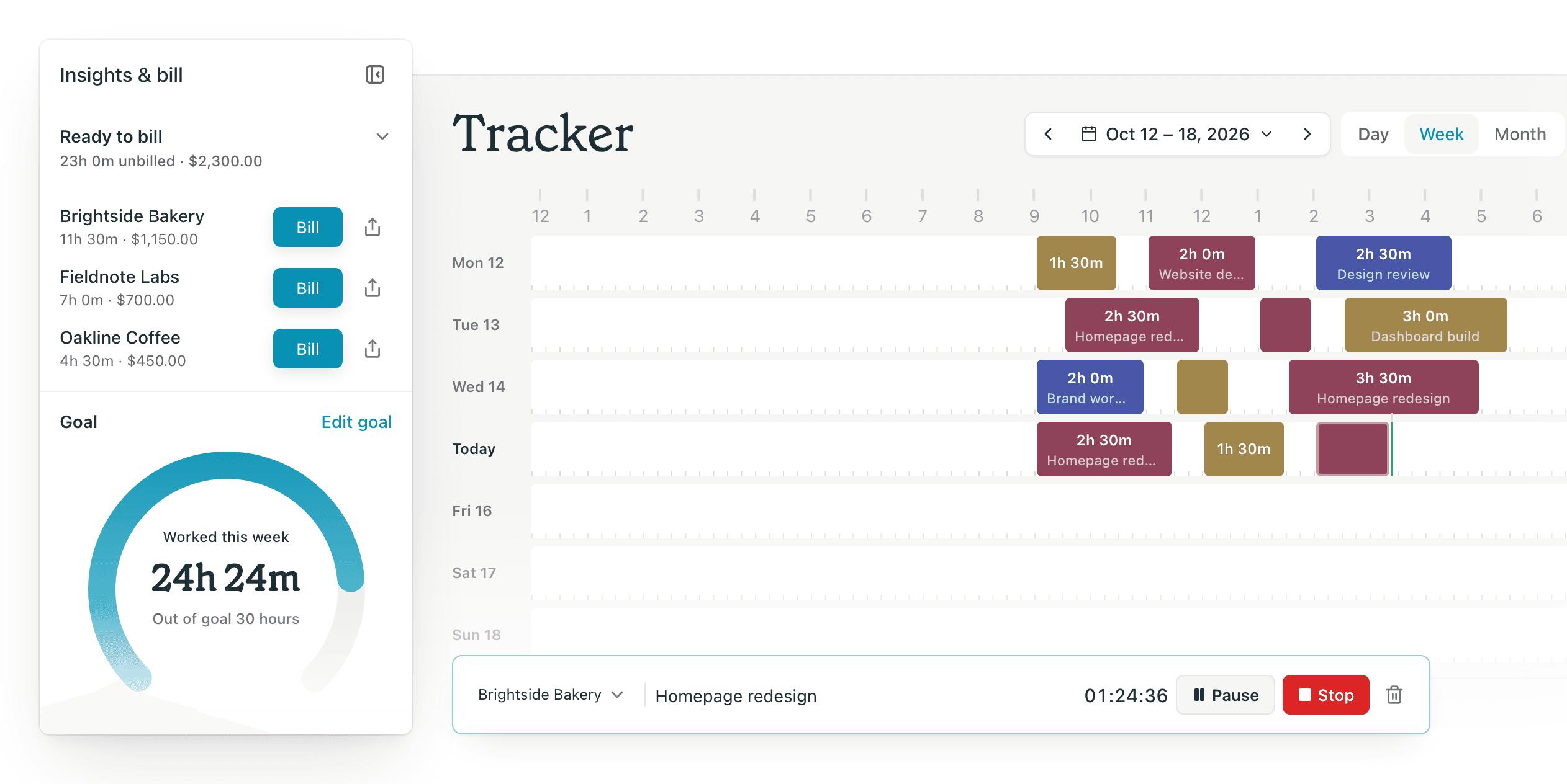 The Brisk Tracker in week view with a running timer, next to the Insights & bill card with hours ready to bill and the weekly goal