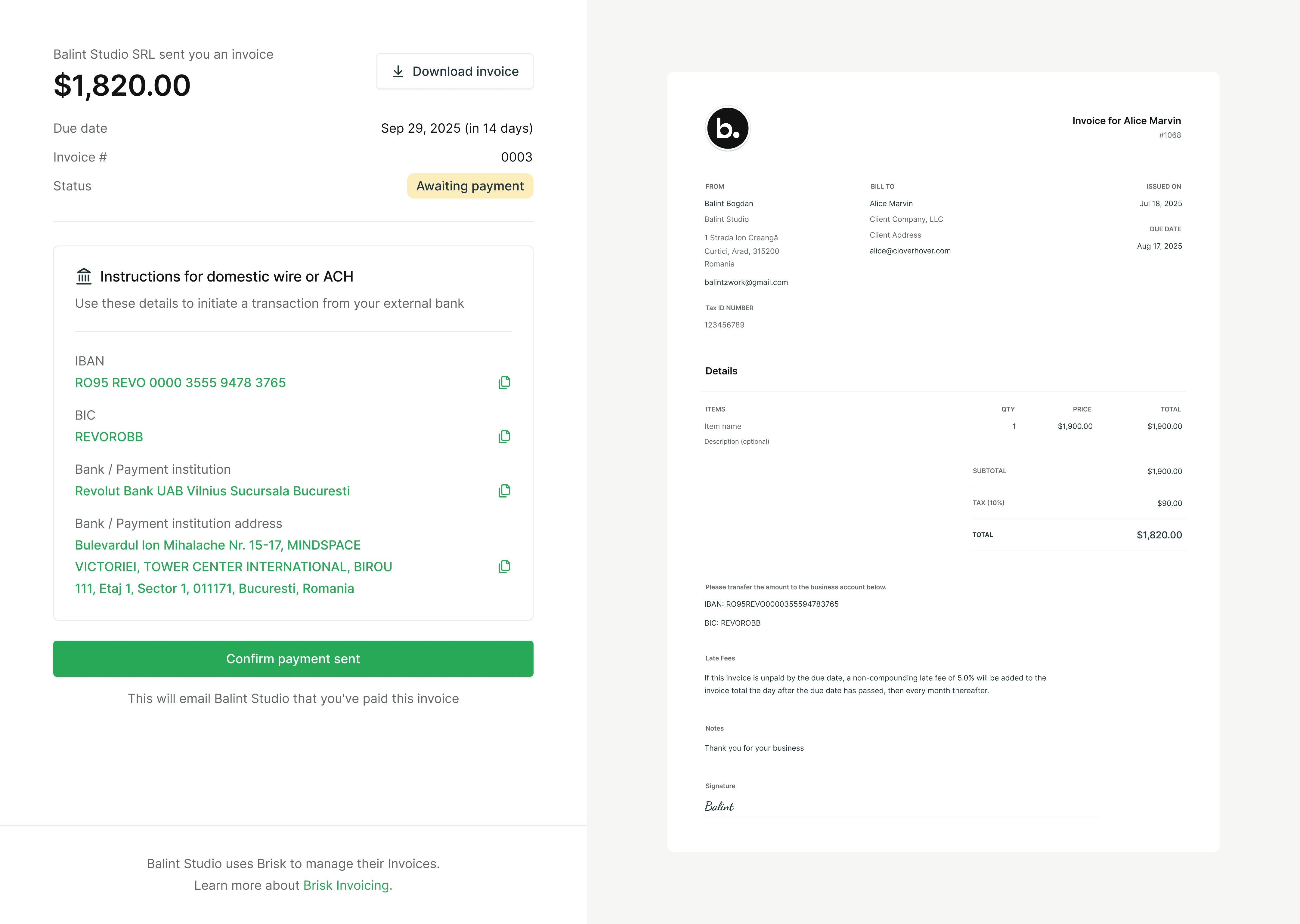 Live invoice pages