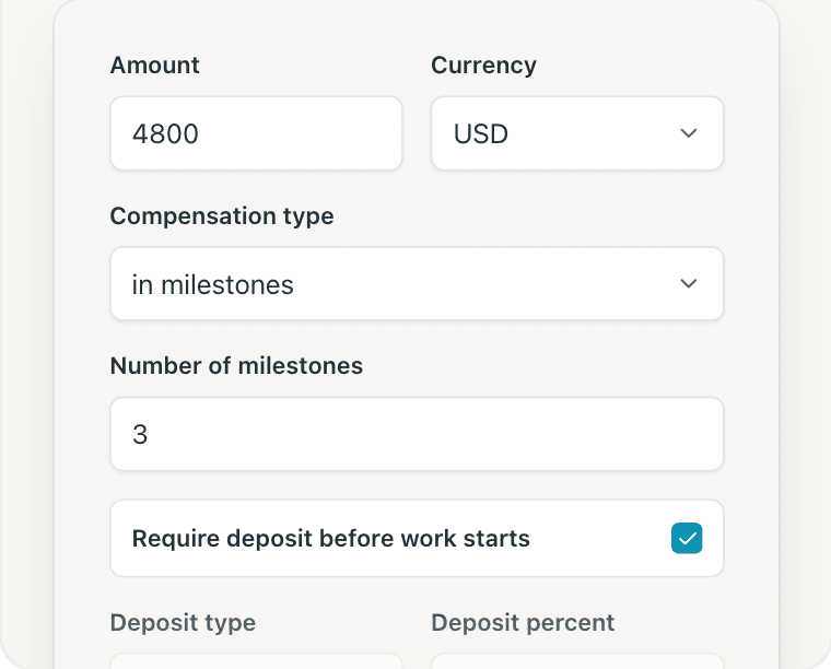 Payment settings on a Brisk contract: amount, currency, milestones, and a required deposit