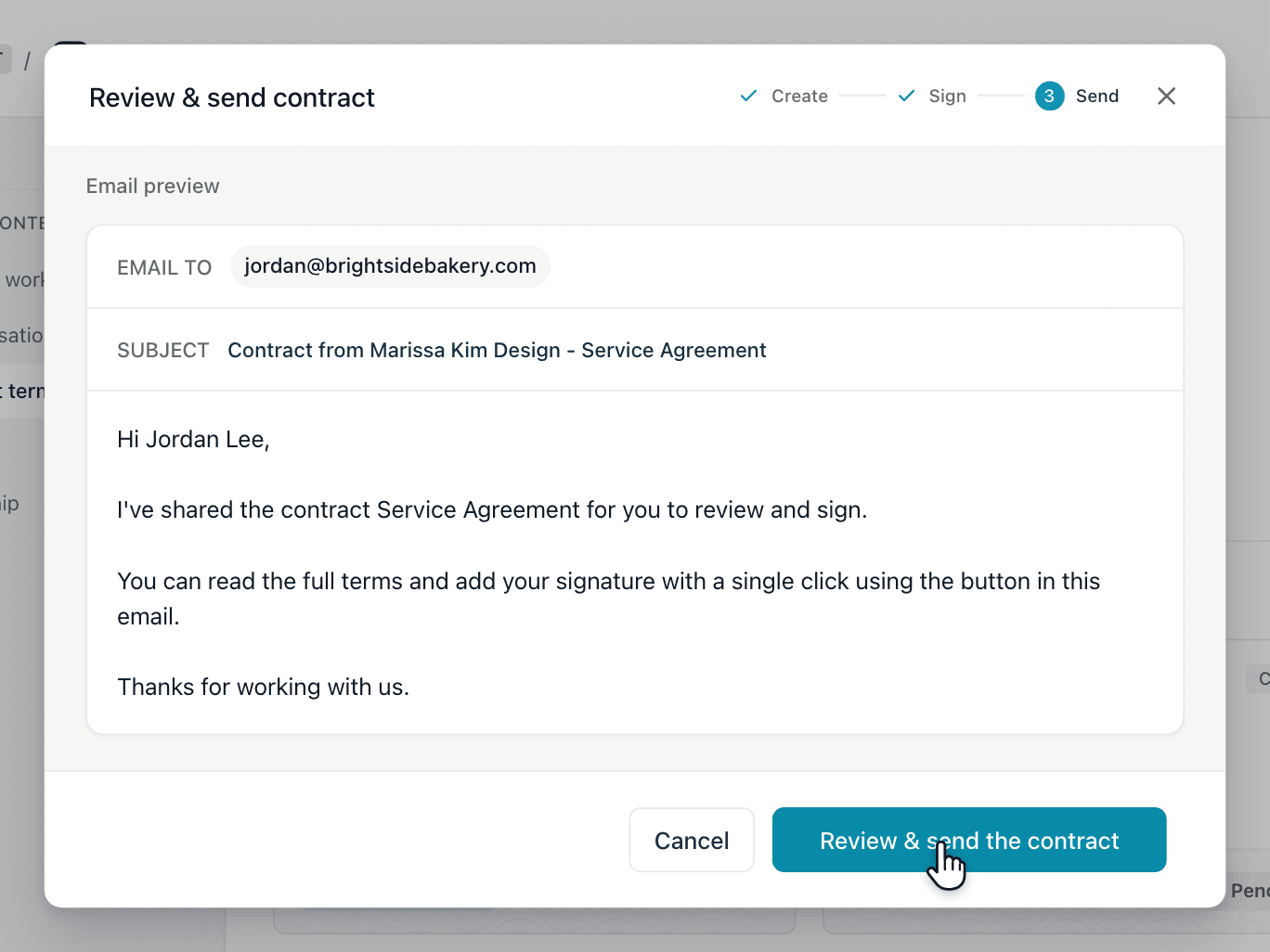 Review and send step for a contract in Brisk, with the email preview to the client