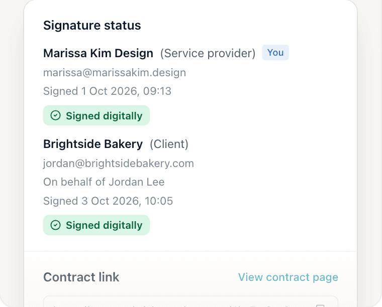 Signature status in Brisk showing when the freelancer and the client each signed