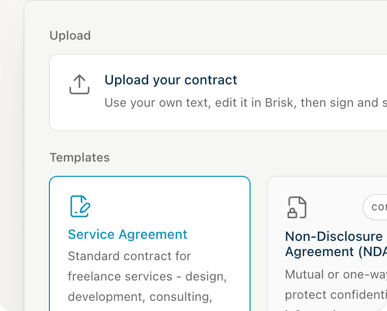 Creating a contract in Brisk: upload your own contract, or start from the Service Agreement template