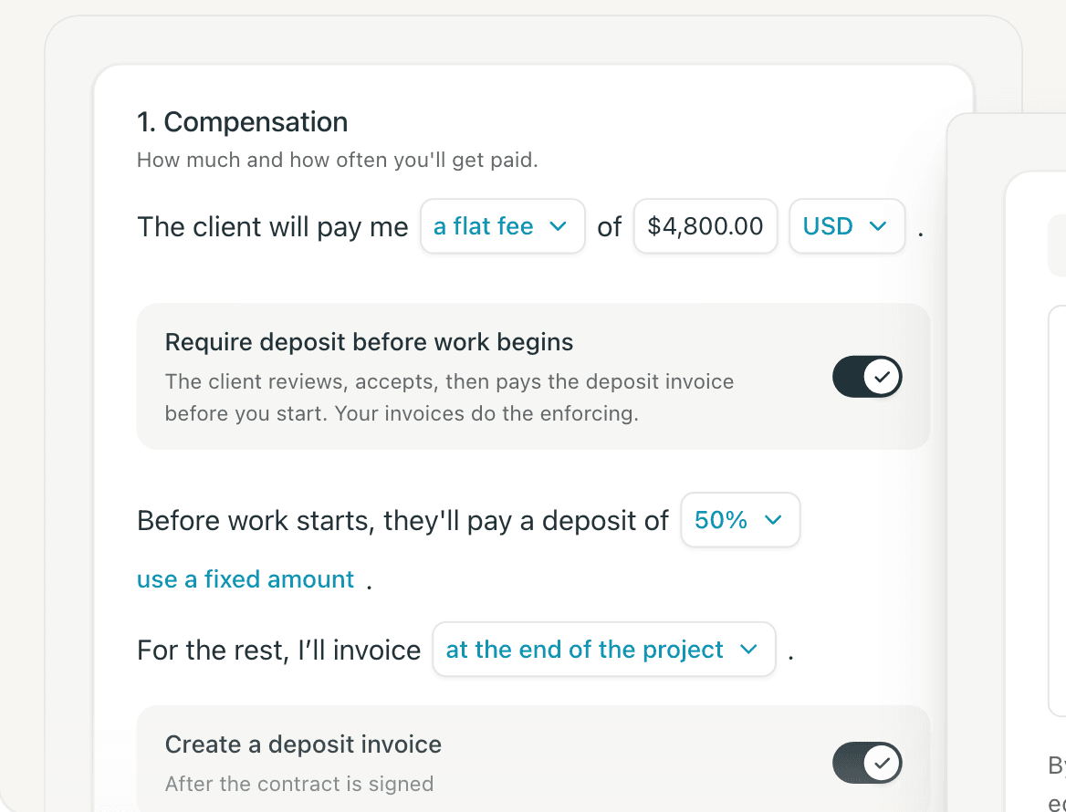 Contract compensation terms in Brisk: flat fee, required deposit, and when the rest is invoiced